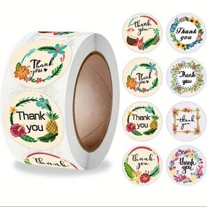Roll of 500 Tropical Flowers & Leaves Round Thank You Stickers